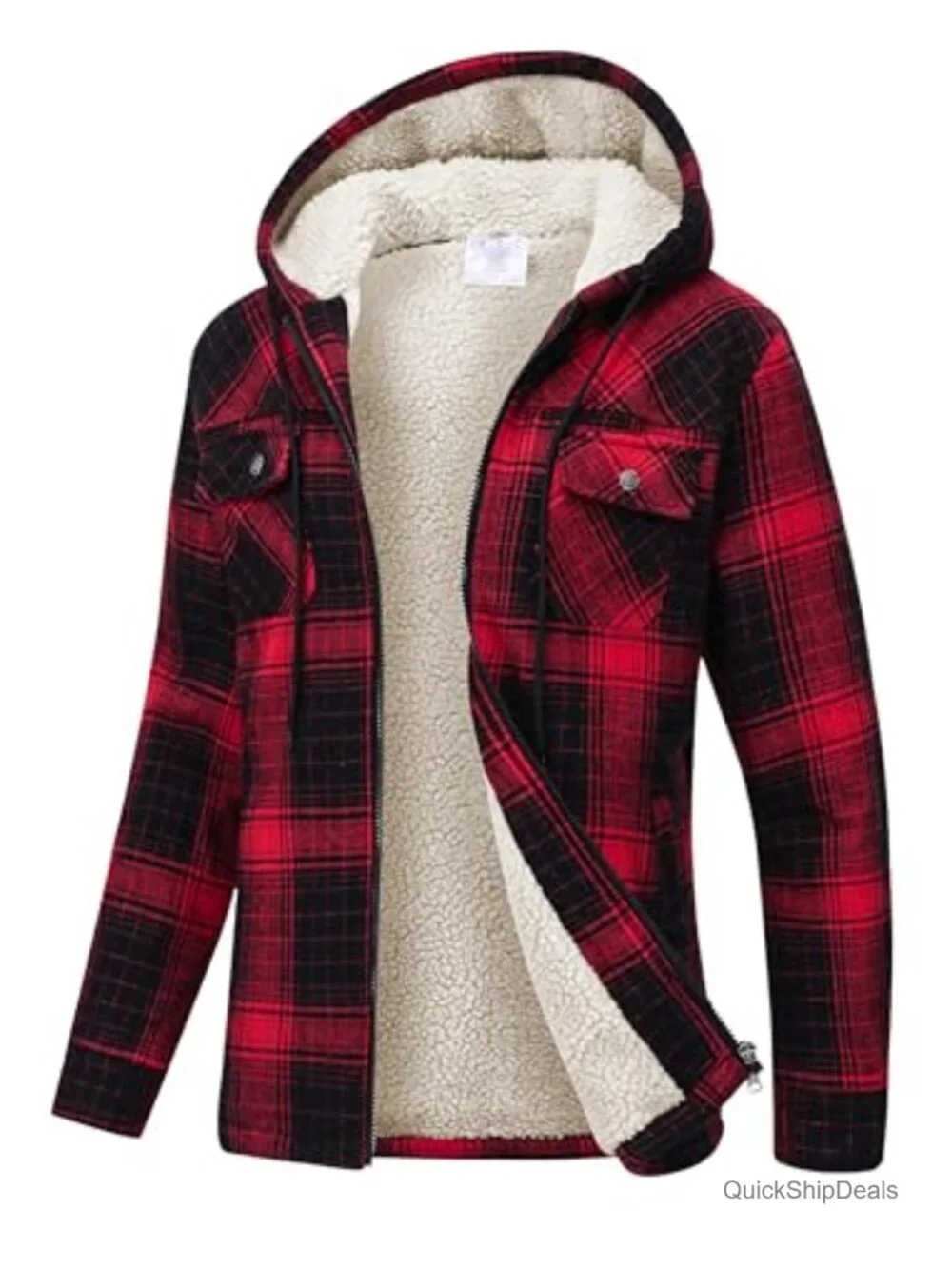 Women's Fleece Zip Up Hoodie Plaid Flannel Jacket With Pockets